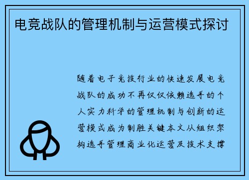 电竞战队的管理机制与运营模式探讨