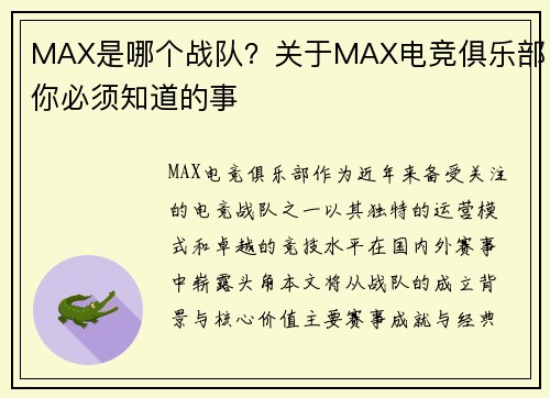 MAX是哪个战队？关于MAX电竞俱乐部你必须知道的事