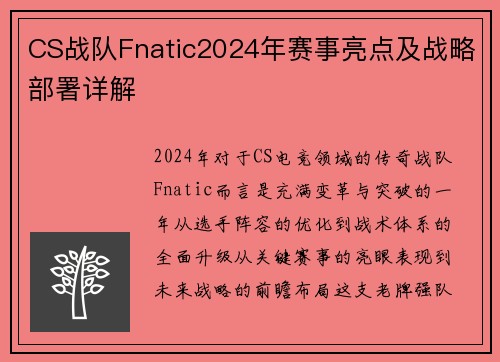 CS战队Fnatic2024年赛事亮点及战略部署详解